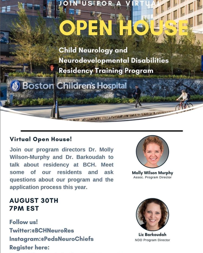 BCHNeuroRes's tweet photo. We're excited to welcome all #futurechildneurologists to @BostonChildrens Neurology/Neuro Developmental Disorders Virtual Open House on 8/30 at 7pm EST. 

We have lots to share and can't wait to meet you! Register at: https://t.co/92elWsVGfV #ChildNeurology @NMatch2023 https://t.co/OSWeE45zjk