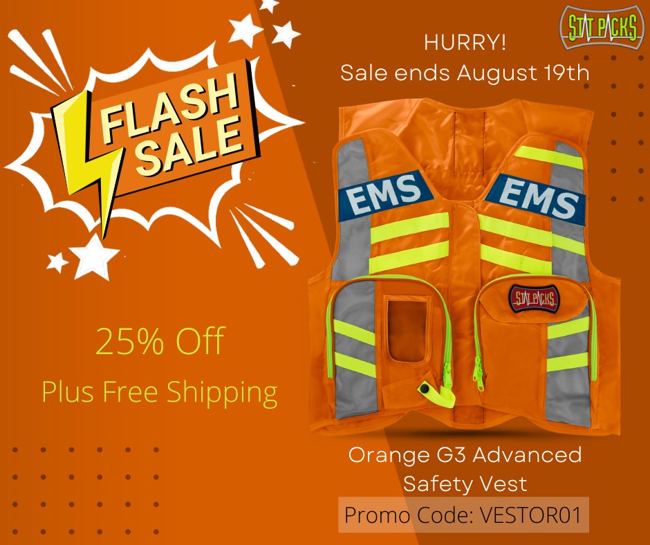 StatPacks's tweet photo. G3 Advanced Safety Vest ORANGE
Flash Sale! August 12th - 19th only! @statpacks.com.
Advanced vest is designed for medics who require front and side pockets. One adjustable size fits everyone on staff comfort.
#statpacks #fastpacksformedics #flashsale #safetyvest #statvest https://t.co/fYblabdK33