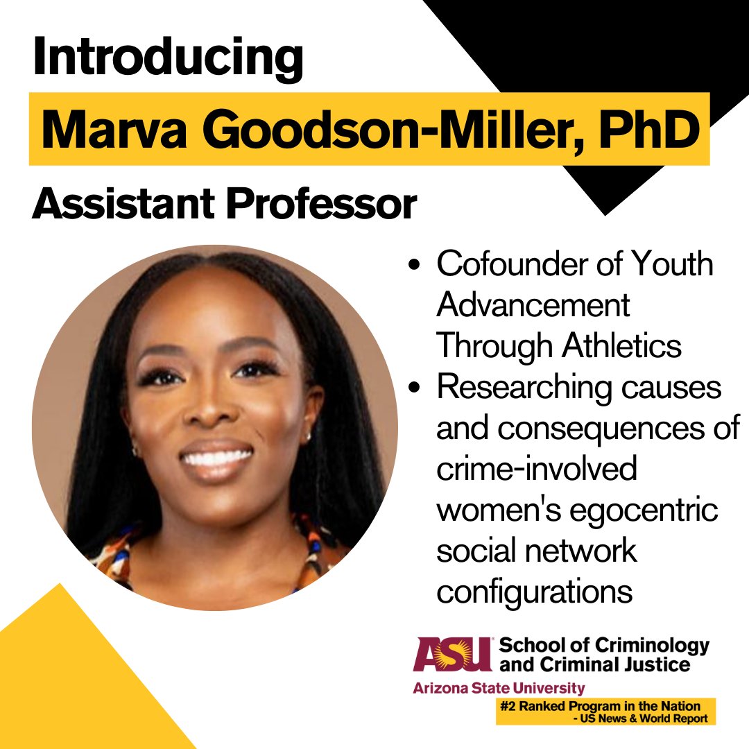 ASUCrimJustice's tweet photo. Join us in welcoming Marva Goodson-Miller, PhD (@GoodsonMarva), from @michiganstateu as an assistant professor this fall. She co-founded Youth Advancement Through Athletics, a development program designed to improve the lives of high-risk youth. We are honored to have you here! https://t.co/OcGDkWfJ75
