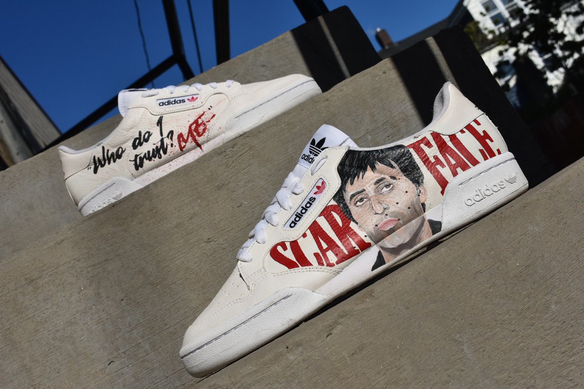KyngRed_Kustomz's tweet photo. Scarface themed Adidas Continentals.. #art #artist #painting @AngelusBrand https://t.co/AYm6ndEtVW