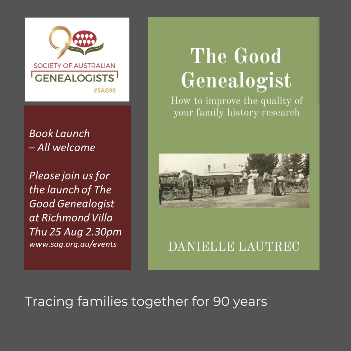 SocAustGen's tweet photo. She's done it! Come and celebrate the publication of Danielle Lautrec's book, The Good Genealogist at 2.30pm Thursday 25 August at Richmond Villa: https://t.co/YosXYzoDV1 https://t.co/8AwqXB0lNn