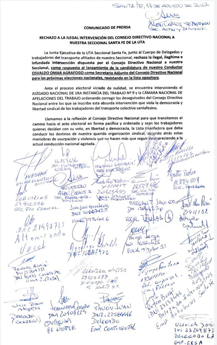 fe_uta's tweet photo. Comunicado oficial UTA Seccional Santa Fe,
en repudio a la intervención ilegítima e ilegal acontecida a nuestras instalaciones.
✌️🇦🇷
#utasantafe #transportepúblico
#trabajadores https://t.co/ZCBF2dSFD2