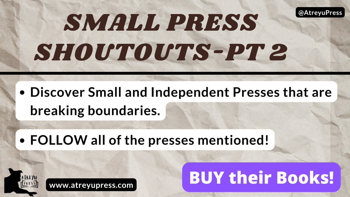 AtreyuPress's tweet photo. 🙌 Welcome to our Second Small Press Shoutouts!
Here, we highlight Small and Independent Presses that are breaking boundaries.
Follow their pages and buy some great books! 🎉
Thanks for all the suggestions.🖤 https://t.co/3tXct26OoQ