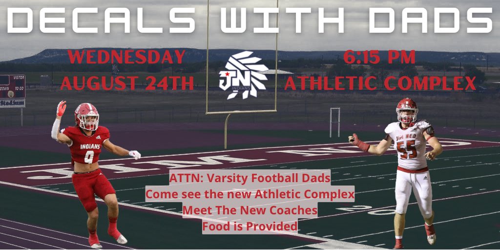 Decals with Dads
(Varsity Football Dads)
Wednesday, August 24th
At the New Athletic Complex
#RollTribe <a href="/JNSportsNation/">JimNed Sports Nation</a> <a href="/JNathletics/">Jim Ned Athletics</a> <a href="/JimNedHS/">JNHS</a>