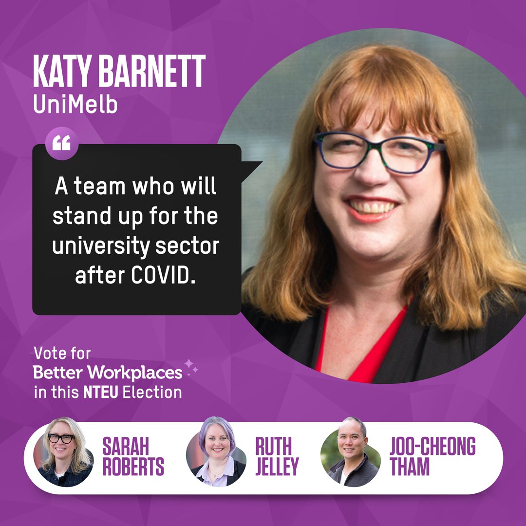 sarahecroberts's tweet photo. Delighted to be supported by Professor @KatyBarnett, who says "I have no hesitation in endorsing Joo-Cheong Tham and the Better Workplaces team: it is particularly important to have a team who will stand up for the university sector after COVID." ✊ 🙌 💥 https://t.co/TK4nNbeH9H