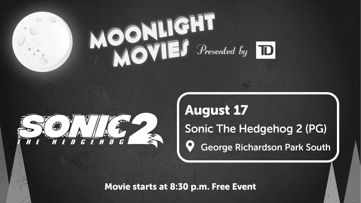 With weather conditions improving, tonight's Moonlight Movies presented by @TD_Canada showing of Sonic the Hedgehog 2 will take place as scheduled outside at George Richardson Park S. (Bayview Parkway). See you all at the movie at 8:30pm. 

Info: https://t.co/AJzWH9SHpa https://t.co/Orx7z2YLMF