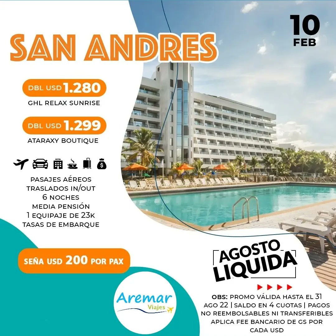 AremarViajesPy's tweet photo. 𝑨𝑮𝑶𝑺𝑻𝑶 Lɪᴏ̨ᴜɪᴅᴀ
✈️ San Andrés
Salidas
10 y 13 de febrero 2023
Comunícate con nosotros:
☎️ Teléfono: (021) 440872
📞 0981972127
Link: https://t.co/Zx5MbI6p1T
📩 Email: regina_viajes@hotmail.com
#aremarviajes #aremar #turismo #reserva #sanandres https://t.co/TzOsF4hp66