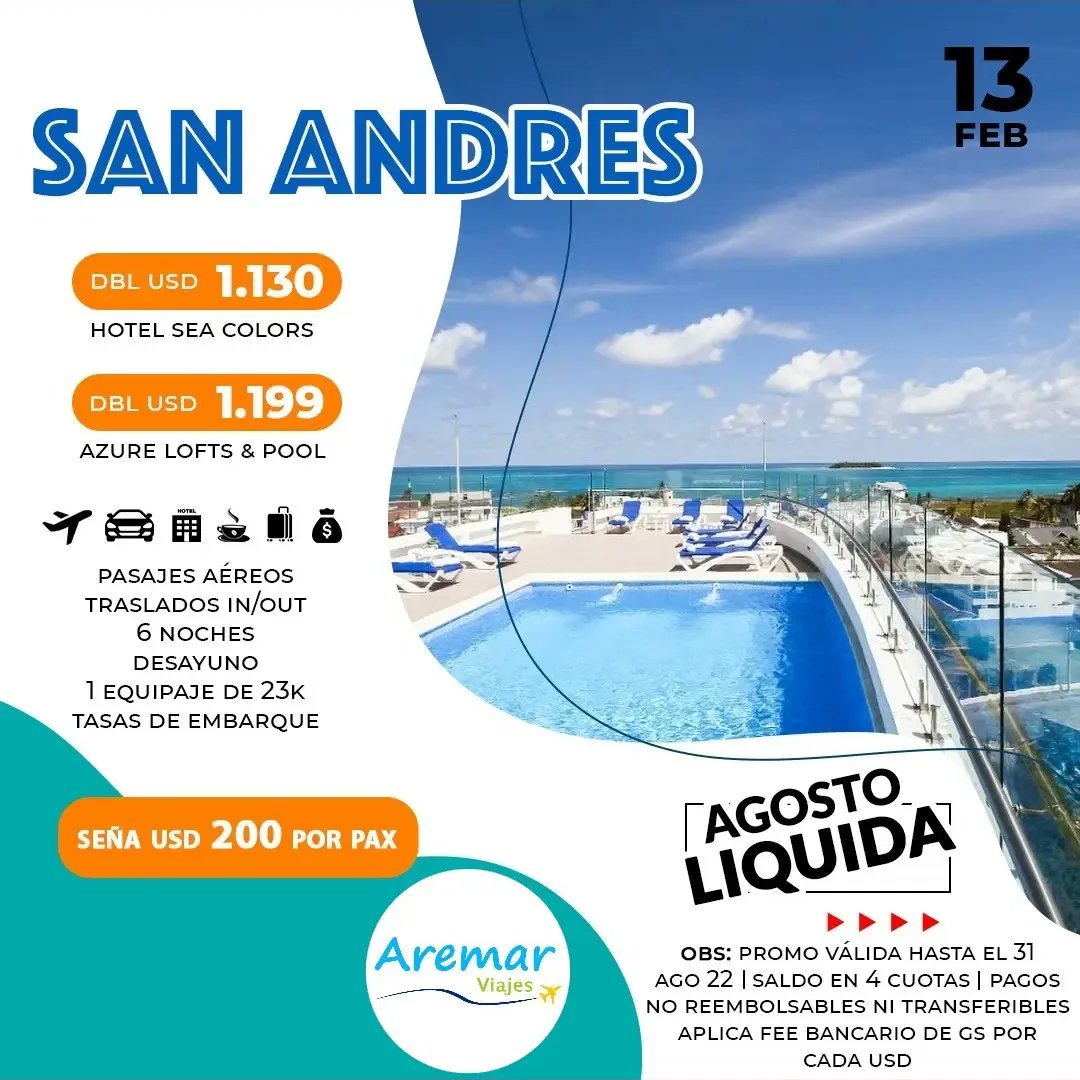 AremarViajesPy's tweet photo. 𝑨𝑮𝑶𝑺𝑻𝑶 Lɪᴏ̨ᴜɪᴅᴀ
✈️ San Andrés
Salidas
10 y 13 de febrero 2023
Comunícate con nosotros:
☎️ Teléfono: (021) 440872
📞 0981972127
Link: https://t.co/Zx5MbI6p1T
📩 Email: regina_viajes@hotmail.com
#aremarviajes #aremar #turismo #reserva #sanandres https://t.co/TzOsF4hp66