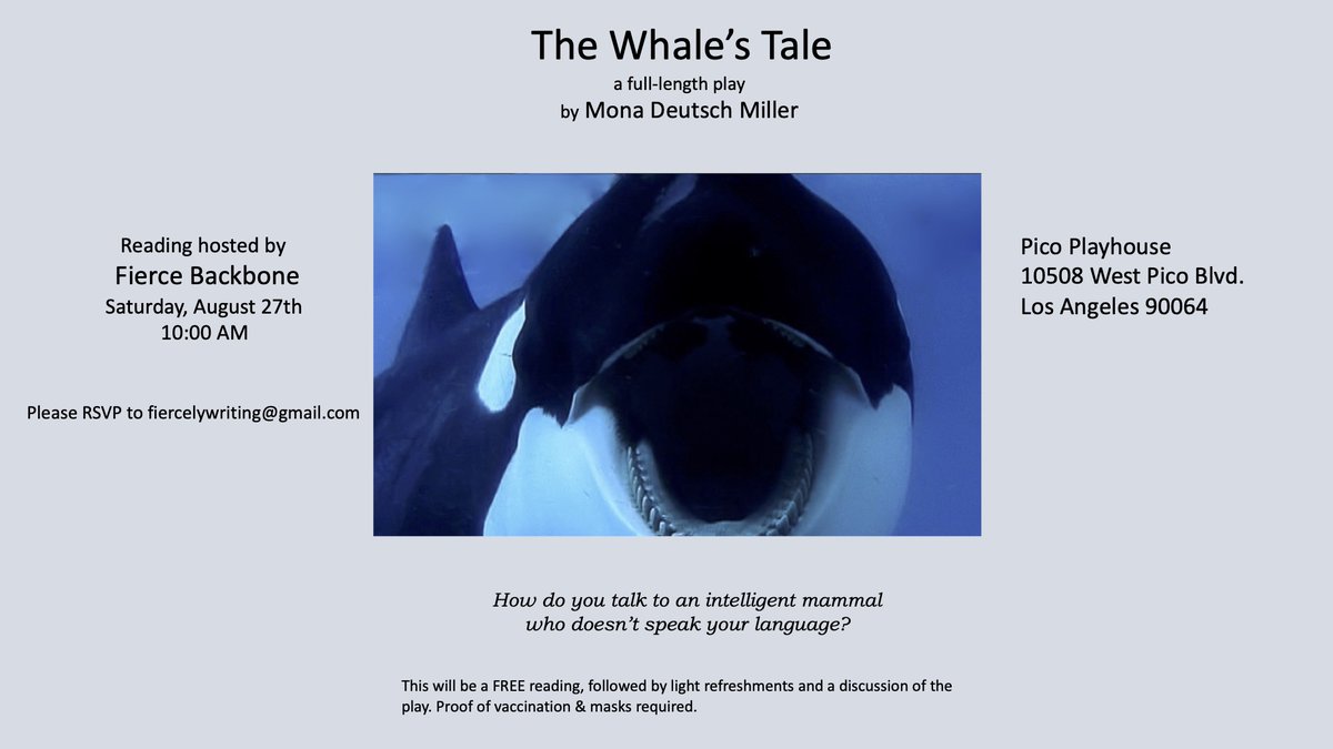 Don't miss our Pico Playhouse play reading of Mona Deutsch Miller's "The Whale's Tale" Saturday, 8/27 @ 10AM. RSVP to fiercelywriting@gmail.com if you can. We're filling up! Directed by <a href="/DMacDowellBlue/">David MacDowell Blue</a>
 #play #drama #womenplaywrights #theatre #newplay #latheatre #moralconflict