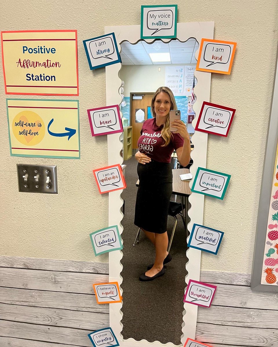 Say hello 👋 to Baby Reyes showing off in the first picture at the “Positive Affirmation Station.” I’ve wanted to make one of these and, with the help of @canva, a mirror, and some Command strips, made it happen! 😍 Self-Care🤗=Self-Love♥️ #positiveselftalk #SELstudentsupport