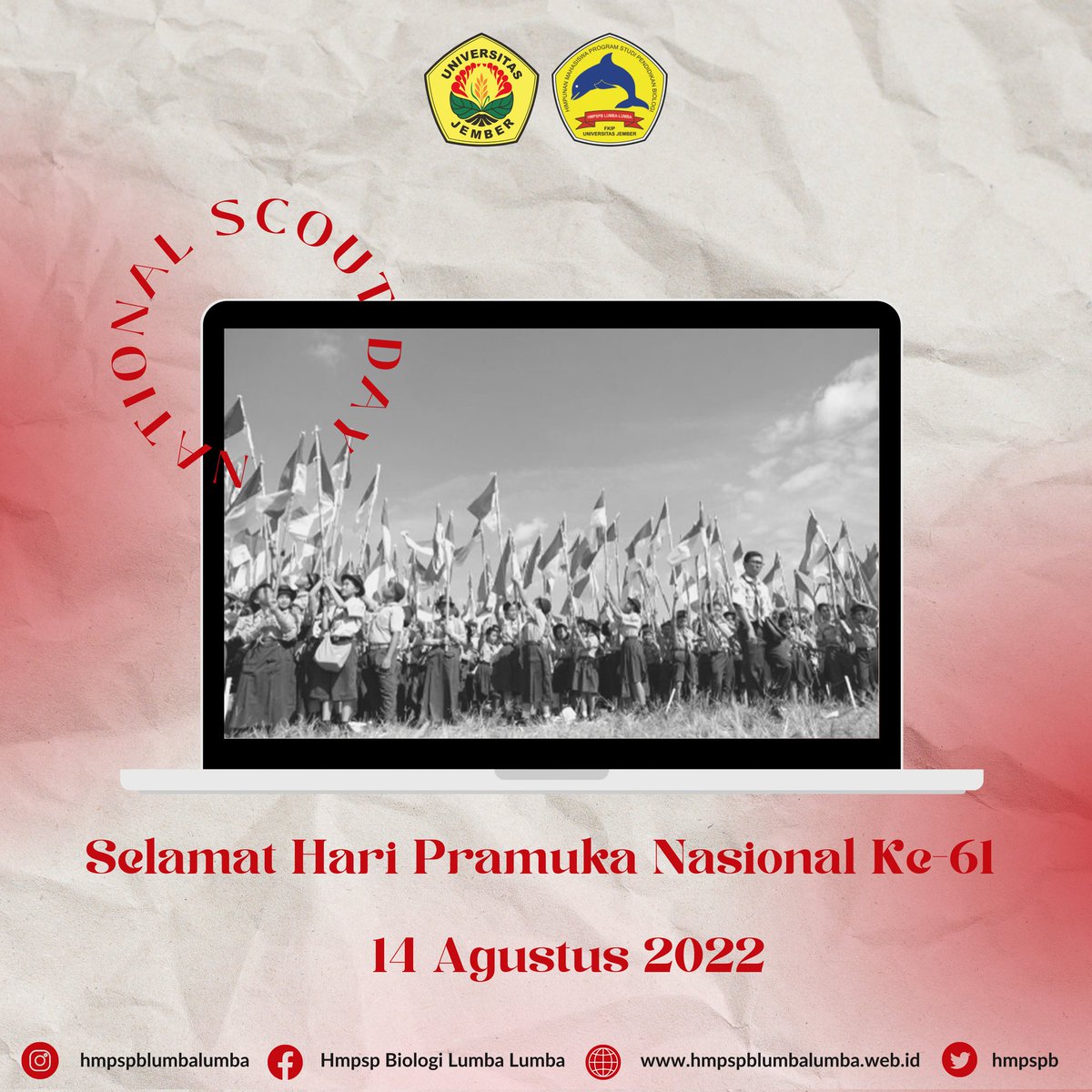 hmpspb's tweet photo. Selamat Hari Pramuka Nasional ke-61!

Semoga pramuka tetap jaya sehingga dapat terus melahirkan tunas muda harapan bangsa Indonesia.

Salam Pramuka!
#scoutday
#hmpspblumbalumba
#pbio_unej
#pbioamazing https://t.co/DrSM17PMAO