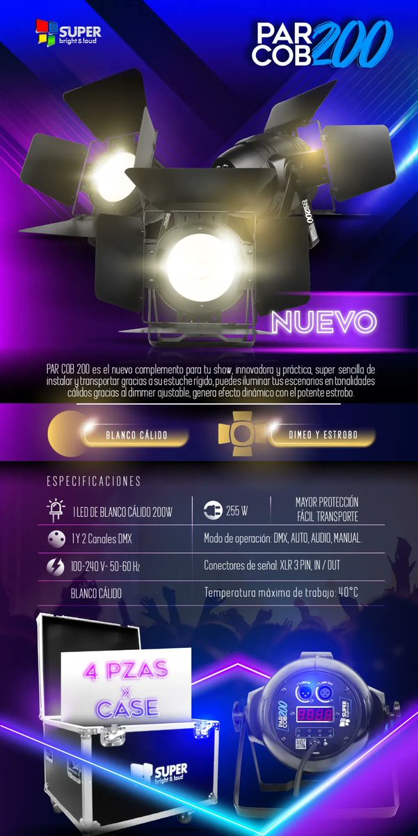 SuperB_Loud's tweet photo. ¡Agosto es mes de estrenos espectaculares! Por fin llegó la #Nueva #PARCOB200. Si estás buscando un equipo versátil, innovador y práctico; ¡esta nueva luminaria es lo que necesitas! Úsala para bañar de tonos cálidos tu escenario gracias a su dimmer ajustable. https://t.co/tRzlo3pLTn