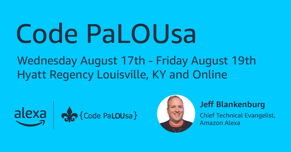 alexadevs's tweet photo. 📣 Calling all developers in Louisville, KY!
Come join our Chief Technical Evangelist, @jeffblankenburg and other software developers at @CodePaLOUsa! He'll be speaking live at 9 am EST on Friday Aug 19th. https://t.co/4PNxvkadzT