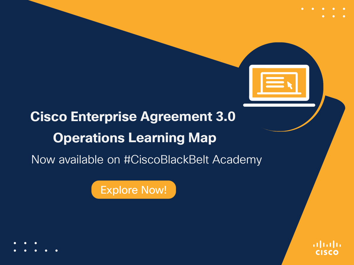 CiscoPartners's tweet photo. Check out the new EA 3.0 Partner Operations #CiscoBlackBelt Learning Map!
It offers self-paced trainings to help users understand & learn the technicalities of the program.
https://t.co/wbnKNziDN0
#PartnerOperations https://t.co/LUC6Je3Xu5