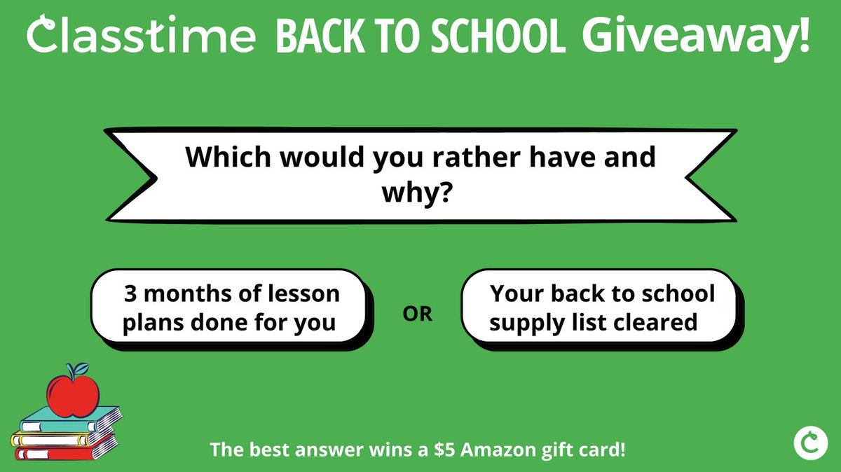 classtimecom's tweet photo. Back to School #Giveaway time! To enter to win a $5 Amazon gift card: 

1. Which would you rather have and why: The first three months of lesson plans done for you or your back-to-school supply list cleared? 
2. RT and follow us! 

Good luck! #Classtime #TeacherTwitter https://t.co/f252tV51IC