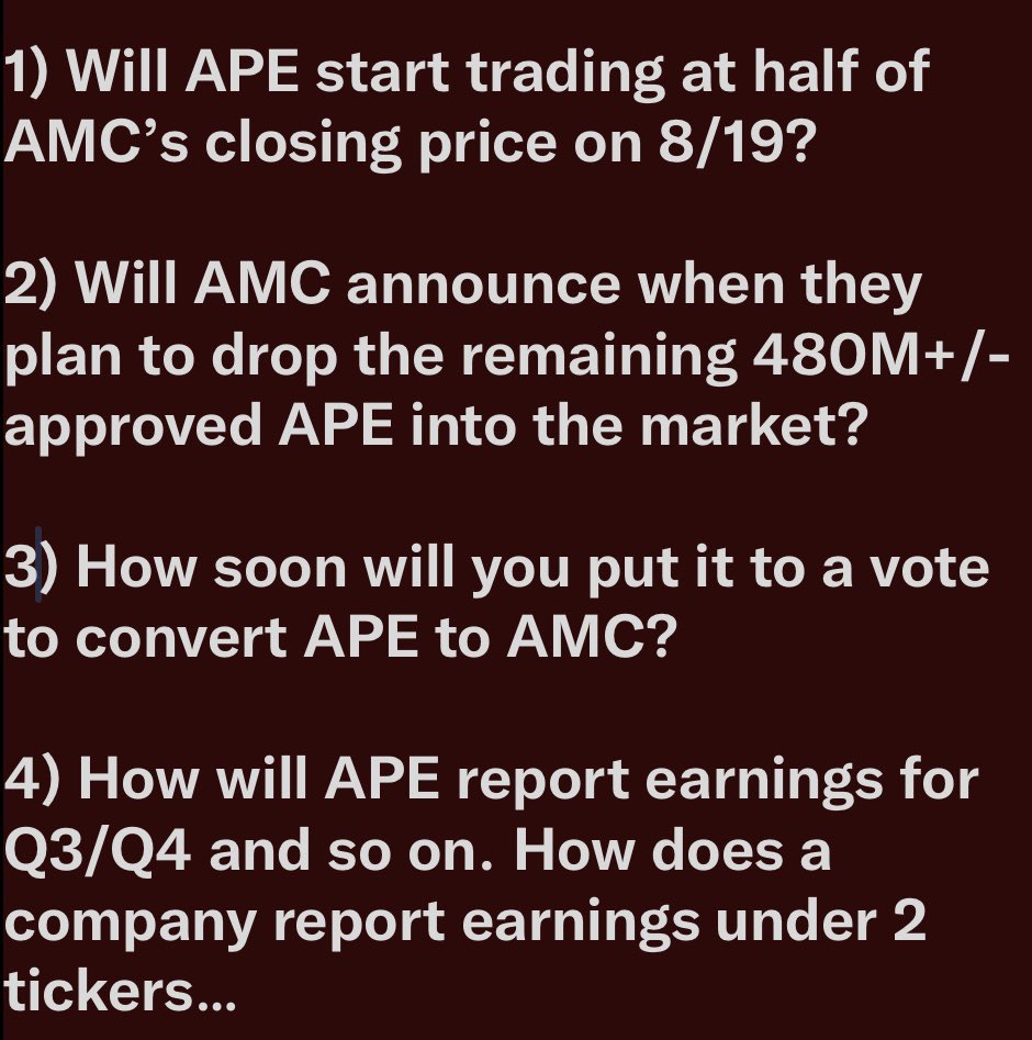 iamdwal's tweet photo. Dear Adam @CEOAdam, 

We have a few questions about our investments in AMC pertaining to the  APE dividend. Please clear up the confusion for us by answering them so we can better understand what to expect out of our investment moving forward: #WeHaveQuestionsAdam https://t.co/2BVZX8nrk0