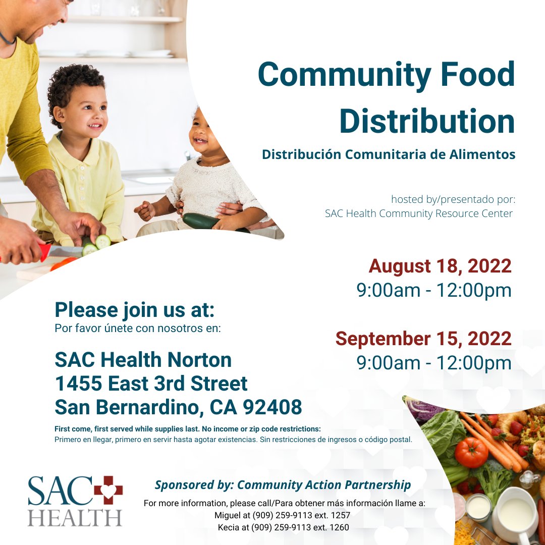 sachealthdotorg's tweet photo. Join us tomorrow August 18 for our monthly food distribution at our SAC Health Norton location in San Bernardino, while supplies last.
#wellnesswednesday #caringisourcalling #sachealth #sanbernardinocounty #riversidecounty https://t.co/5s9pGNU1Tb