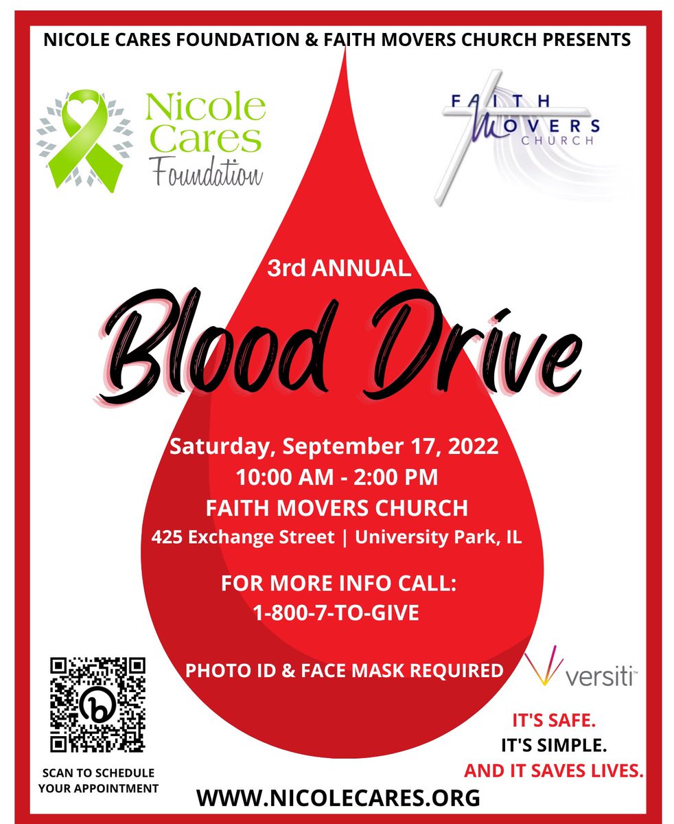 We are exactly one month away from our 3rd Annual Blood Drive in partnership with @FaithMovers! Schedule your appointment today to donate blood on Saturday, September 17th, 2022, from 10am-2pm, and give someone the gift of LIFE. bit.ly/NicoleCares202…