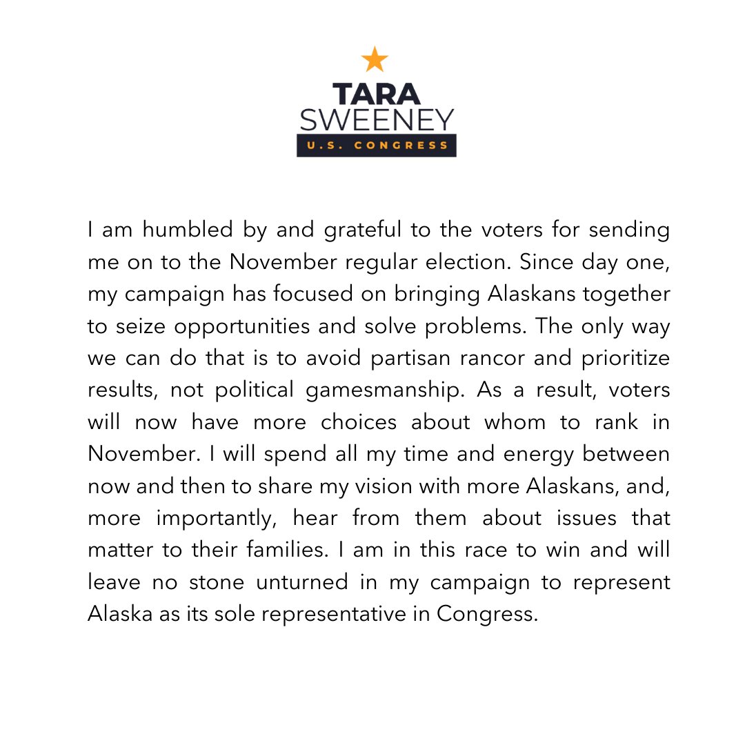 It appears I'm headed for the November ballot. Thank you, Alaska! Please read my full statement below. #TaraforAlaska