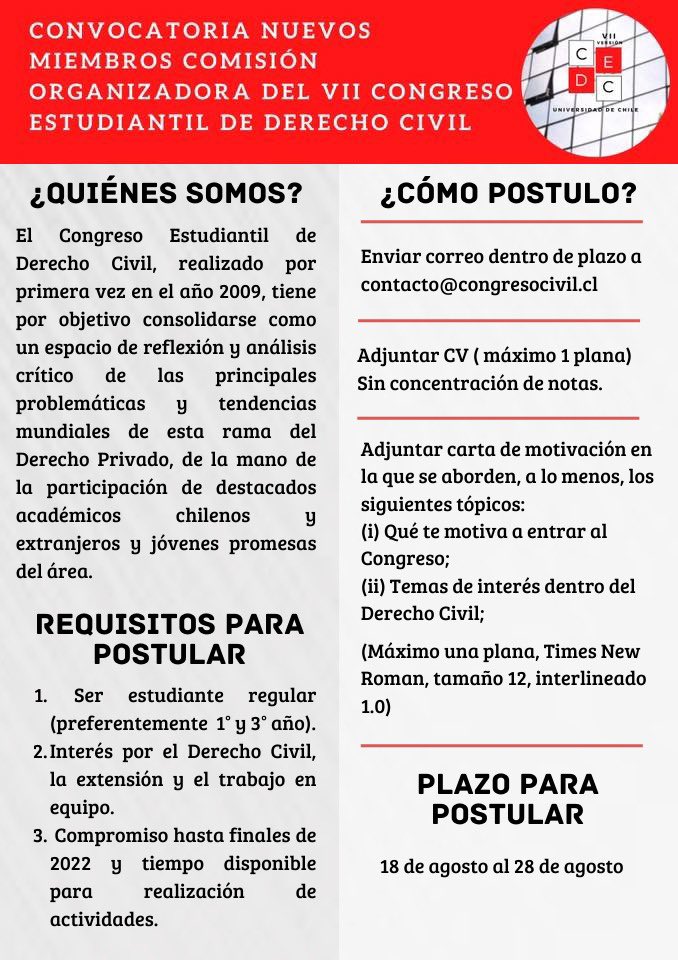 CongresoCivil's tweet photo. 🚨CONVOCATORIA NUEVOS MIEMBROS🚨

Los invitamos a postular para ser parte de la comisión organizadora de la VII versión del Congreso Estudiantil de Derecho Civil

El plazo para postular es desde el jueves 18 de agosto hasta el domingo 28 de agosto 📆 https://t.co/5nfxEyGgpN