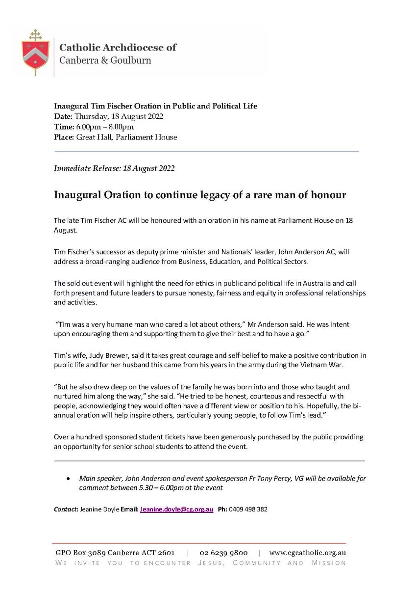 CGCatholic's tweet photo. Inaugural Tim Fischer Oration: 18 August  #PressRelease  #Parliament House - Now Sold out! Main Speaker John Anderson AC Q&amp;A Chris Ulhmann https://t.co/5HN8vh0vSK