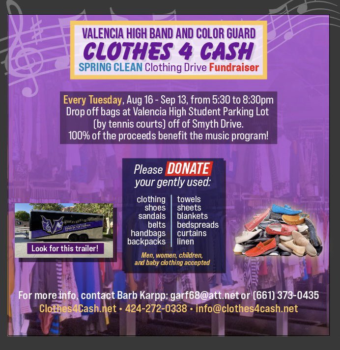 👋 Clothing Fundraiser for Valencia High Marching Band.  
scvnews.com/valencia-band-…

#santaclarita #santaclaritavalley #valenciacalifornia #canyoncountry #stevensonsranch #springcleaning #emptyyourcloset #mariekondo #WednesdayMotivation #musiceducation