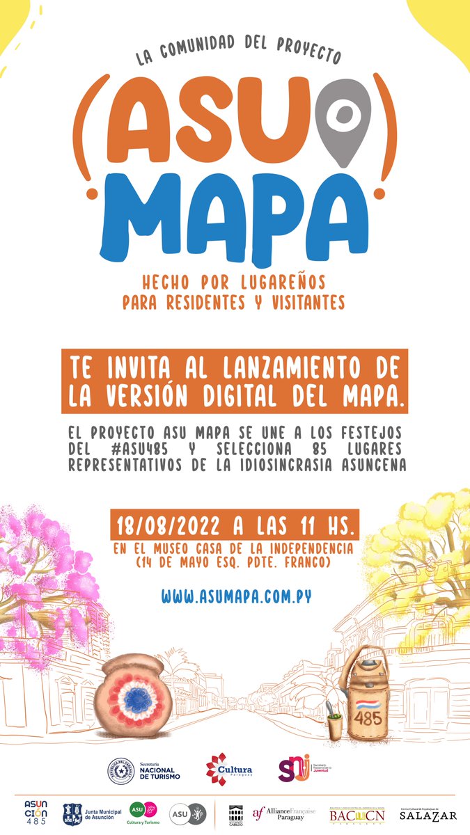 ¡Seguimos celebrando los 485 años de la fundación de Asunción! 💥💥

Por eso te invitamos a que con ASU MAPA conozcas 85 lugares que nos representan a los jóvenes asuncenos 🤩😎

Lugares para comer, para bailar, para beber, para mirar, para comprar, ¡para disfrutar! 🥟🍻🌅🛍🎨✨