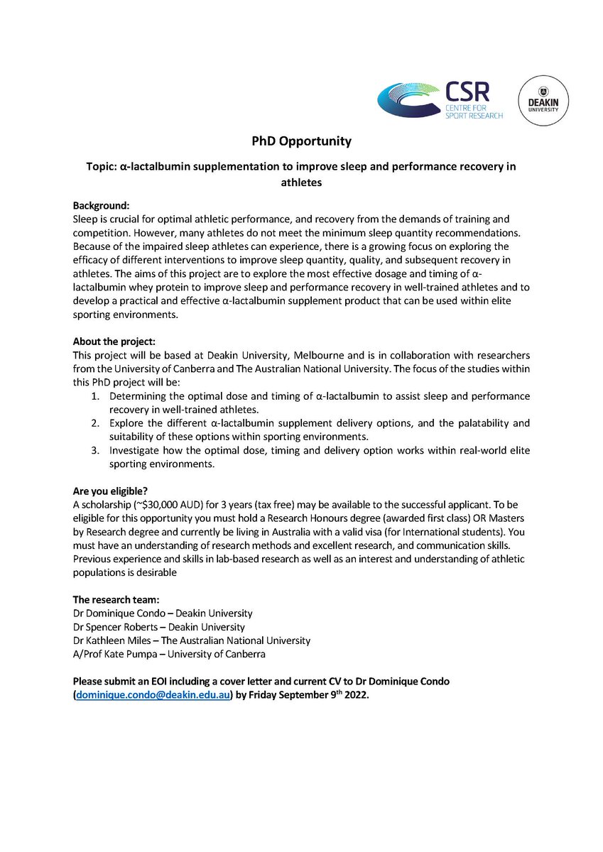 Spencer Roberts (@sshroberts) on Twitter photo PhD scholarship opportunity <a href="/Deakin/">Deakin University</a>. Alpha-lactalbumin for improving athlete sleep and performance. Details 👇. <a href="/CondoDominique/">Dominique Condo</a> <a href="/KatePumpa/">Kate Pumpa</a> <a href="/kathleenmiles/">kathleenmiles</a> PhD scholarship opportunity <a href="/Deakin/">Deakin University</a>. Alpha-lactalbumin for improving athlete sleep and performance. Details 👇. <a href="/CondoDominique/">Dominique Condo</a> <a href="/KatePumpa/">Kate Pumpa</a> <a href="/kathleenmiles/">kathleenmiles</a>
