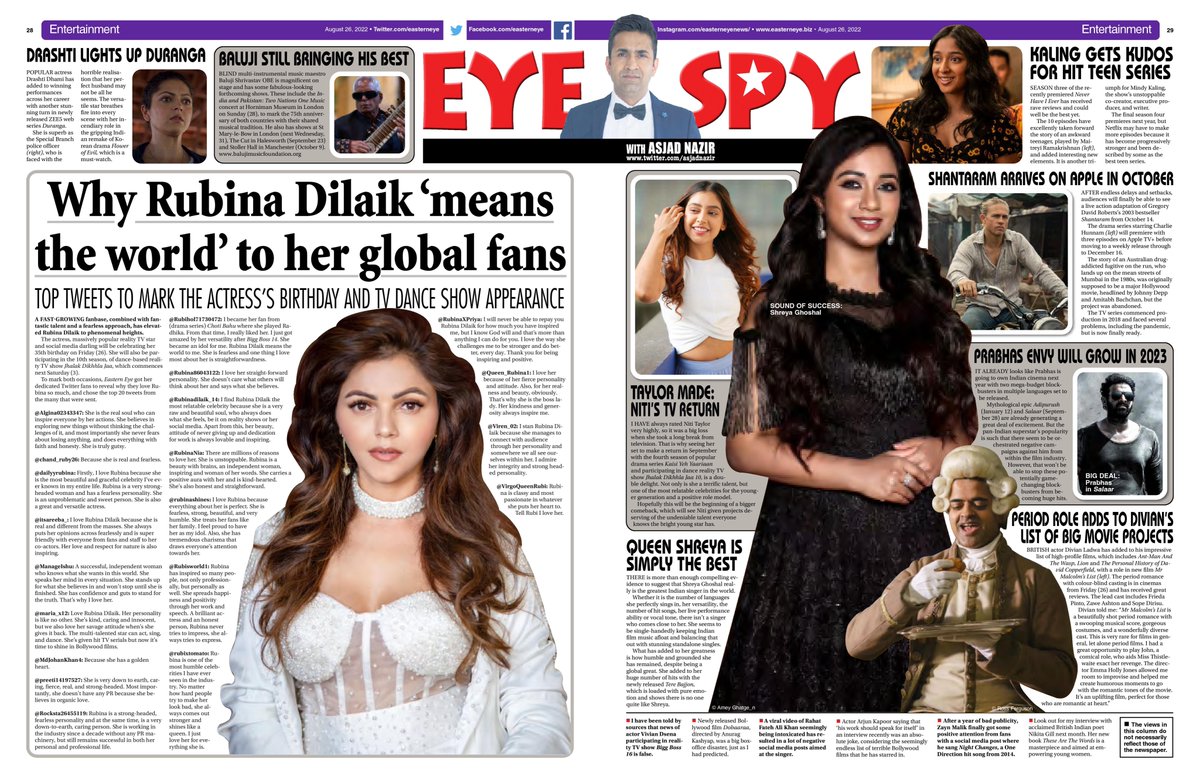 My latest column. Includes #RubinaDilaik fan feature. Column also has #DrashtiDhami #Prabhas #NitiTaylor #Shantaram #ShreyaGhoshal #DivianLadwa #NeverHaveIEver3 

FAN FEATURE LINK: easterneye.biz/why-rubina-dil…