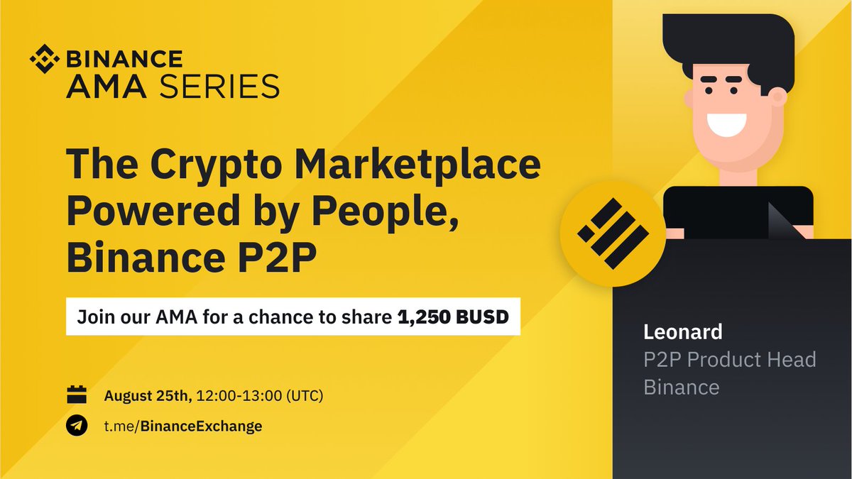 binance's tweet photo. Join our AMA in the official #Binance Telegram channel today as we're joined by Binance P2P Head of Product, Leonard! 

🗓️ August 25, 2022. 
⏰ 12:00pm UTC. 

There will be 1,250 #BUSD to be shared, so don't miss out.

➡️ https://t.co/xYcqyDnJDx https://t.co/S1JxqfkZXY