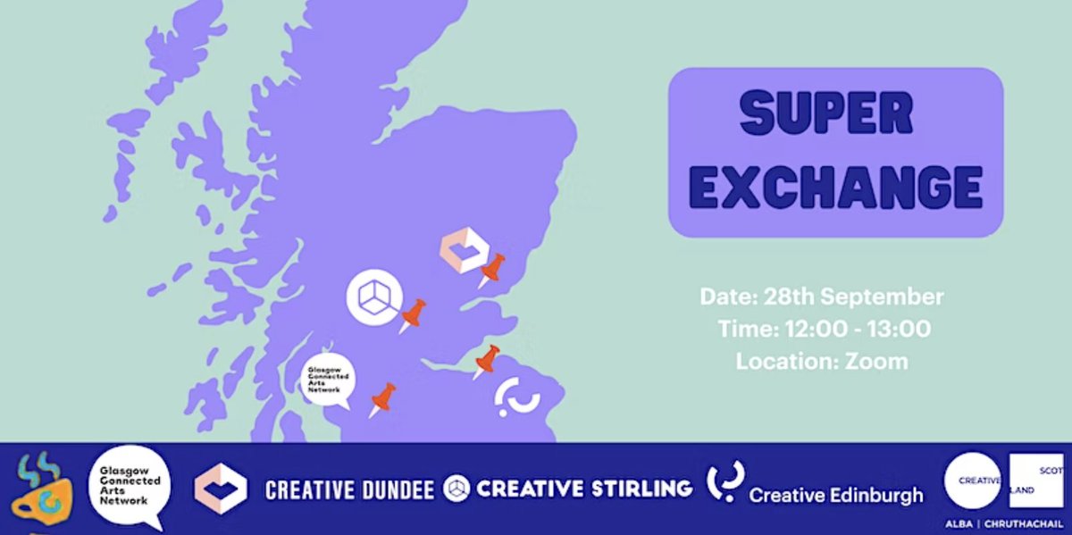 We’re joining forces with @CreativeEdin, @GlasConArtsNet and @CreateStirling for another SUPER EXCHANGE! A chance to connect and network online with creative practitioners across Scotland. Join us on Wed 28 September, 12-1pm on Zoom. Free tickets: creativedundee.com/2022/08/scotti…