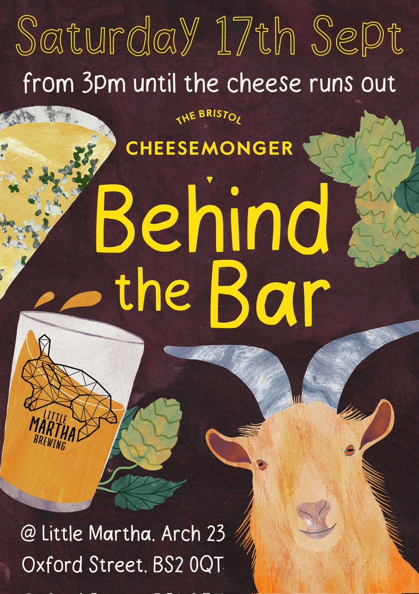 Little Martha Brewing (@lilmarthabrew) on Twitter photo Cheese Night! Sept 17th
We will be hosting <a href="/bristol_cheese/">Bristol Cheesemonger</a> behind the bar, serving up lush cheeseboards with <a href="/SomCharcuterie/">Somerset Charcuterie</a> . They'll be choosing amazing cheeses to pair with a selection of our beers and we can't wait to try them together! 3pm until the cheese is gone 🧀🧀🧀 Cheese Night! Sept 17th
We will be hosting <a href="/bristol_cheese/">Bristol Cheesemonger</a> behind the bar, serving up lush cheeseboards with <a href="/SomCharcuterie/">Somerset Charcuterie</a> . They'll be choosing amazing cheeses to pair with a selection of our beers and we can't wait to try them together! 3pm until the cheese is gone 🧀🧀🧀