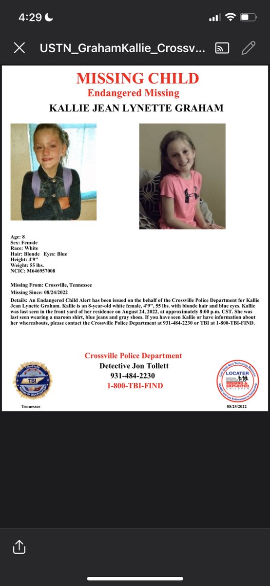 TBInvestigation's tweet photo. Kallie is 4’9”, 55 lbs, with blonde hair and blue eyes.

She was last seen wearing a maroon shirt, blue jeans, and gray shoes.

Call Crossville PD at 931-484-2230 if you see her. Or, TBI at 1-800-TBI-FIND. https://t.co/AyUzdCUZWG