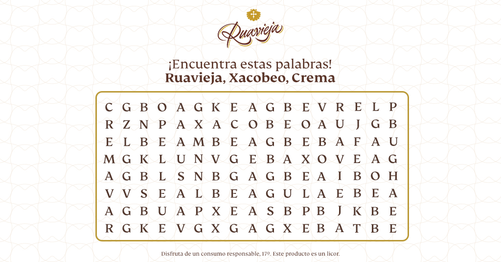 ¿Por qué pasar el tiempo cuando puedes disfrutar de él? Con una refrescante copa de Ruavieja Crema Xacobeo 21-22 hasta el pasatiempo más sencillo se vuelve divertido.😊

¿Te animas a resolver esta sopa de letras? 

#Ruavieja #TenemosQueVernosMejor #RuaviejaXacobeo