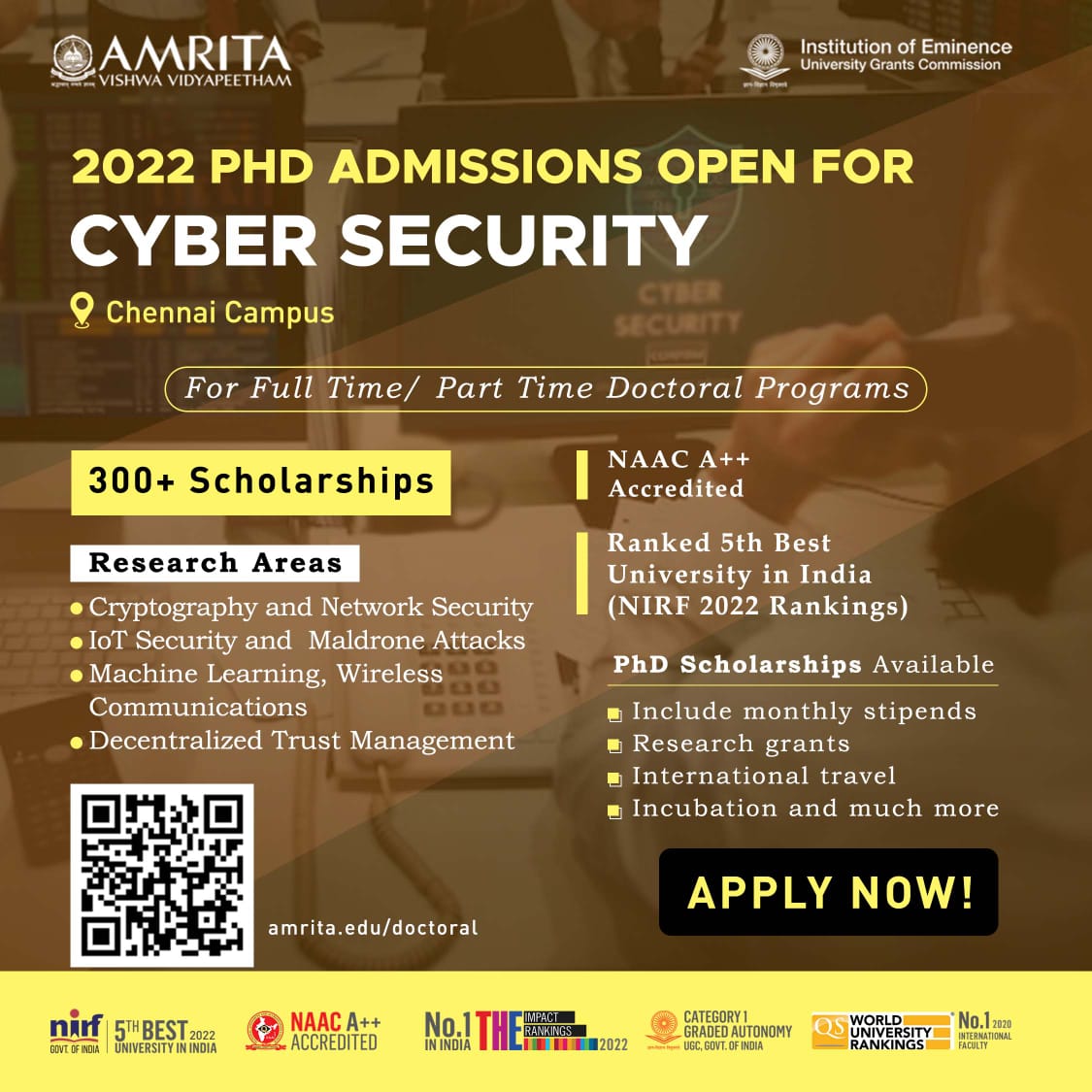 Amrita_phd's tweet photo. 2022 PhD Admissions Open‼️
Last date to apply : 31 Aug 2022
PhD in Cyber Security
📍 Chennai Campus
Full-Time & Part-Time Available
For details visit https://t.co/HwljPV6HMR or write to phd@amrita.edu
#research
#doctoralprograms
#cybersecurity
#cyber https://t.co/OwGjWhUYB4