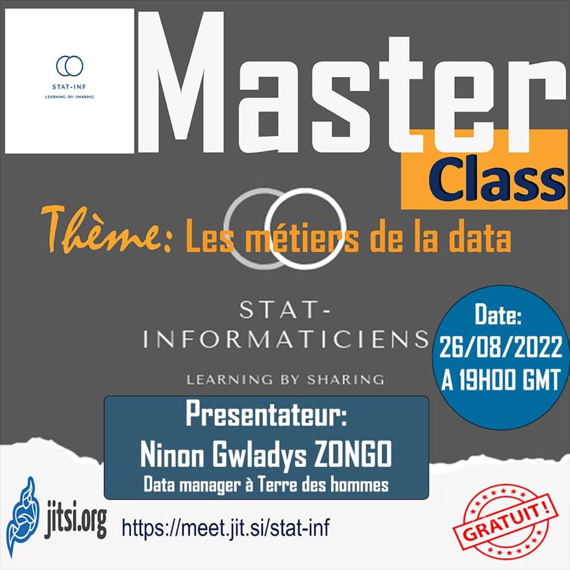 stat_inf's tweet photo. Métiers de la data : Data Manager.
Ninon Gwladys Zongo nous parlera de data manager ce vendredi 26 Août à 19h GMT.
La session aura lieu en ligne à l'adresse : https://t.co/k0pJNlyPGe https://t.co/zxQxEMu9G5