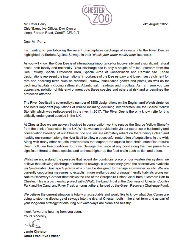 Chester Zoo (@chesterzoo) on Twitter photo This must stop now❌
<a href="/DwrCymru/">Welsh Water</a> recently discharged RAW SEWAGE into Chester’s River Dee – causing a huge risk to the wildlife that our conservationists are working to protect.
We need answers, so here’s an open letter from our CEO, Jamie Christon, to the bosses at Welsh Water. This must stop now❌
<a href="/DwrCymru/">Welsh Water</a> recently discharged RAW SEWAGE into Chester’s River Dee – causing a huge risk to the wildlife that our conservationists are working to protect.
We need answers, so here’s an open letter from our CEO, Jamie Christon, to the bosses at Welsh Water.