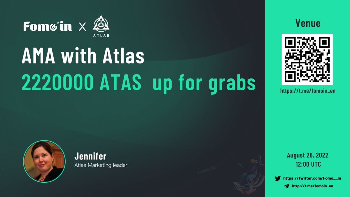 Fomo__in's tweet photo. 🥳@Fomo_in X @_AtlasDefi #AMA

-Follow @Fomo_in &amp; @_AtlasDefi
-RT &amp; ❤️ &amp; Comment Qs &amp; @ 5frds with BSC address

⏰Time: August 26, 12am UTC
👉AMA place: https://t.co/CSiDJ4keHj
💰Reward pool: 2,220,000 $ATAS
🤑Choose 5 best Twitter Qs &amp; 8 best Live Qs

#web3 #DeFi https://t.co/2WnipQXjF2
