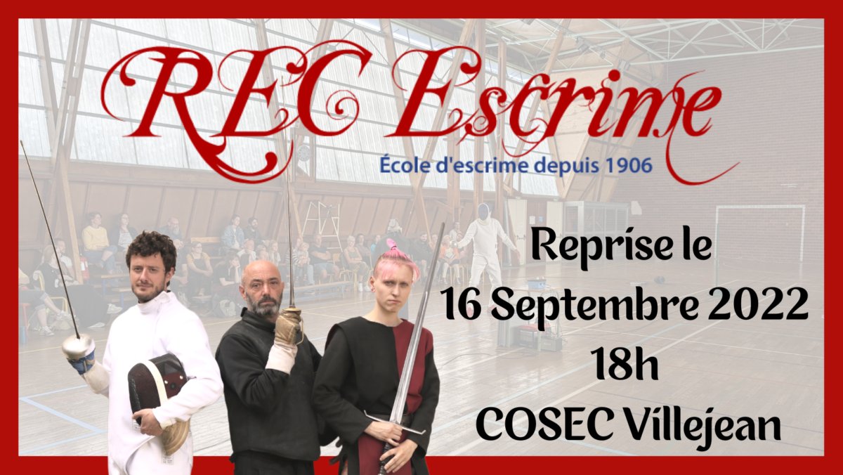 RecEscrime's tweet photo. Hey, c'est bientôt la rentrée ! On se retrouve le 16 septembre 2022 au COSEC de Villejean à #Rennes pour le premier cours de l'année (18h Olympique, 19h45 artistique). Inscription sur place ! #escrime #escrimeartistique https://t.co/NhkUzaBGEr https://t.co/AuLNA6aWYF