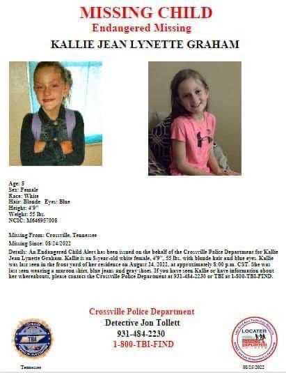 An endangered child alert is issued for a missing Crossville girl. This is 8-year-old Kallie Jean Lynette Graham. 

She was last seen Wednesday night in her front yard. 

If you see her call 1-800-TBI-FIND.