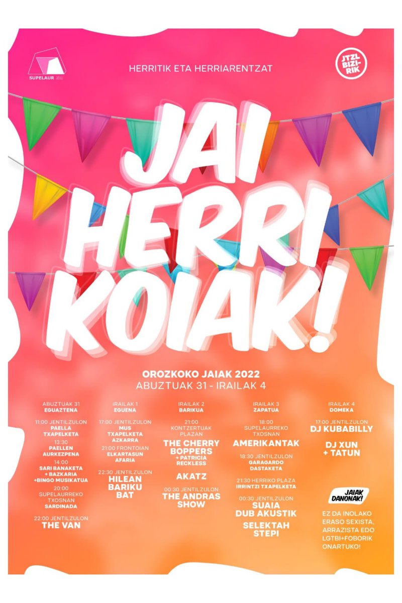 jentilzulo's tweet photo. 🎉 Abuztuaren 31tik irailaren 4ra zatoz gurekin jai herrikoi eta parte hartzaileetaz gozatzera! 🎉

 💥JENTILZULO INOIZ BAINO BIZIAGO!! 💥

🟣🌈 Jai eremuan ez dugu inolako erasorik onartuko 🌈🟣

#JentilzuloBizirik  #JaiHerrikoiakEraiki #SanAntolin2022 https://t.co/X9nM34mNaY