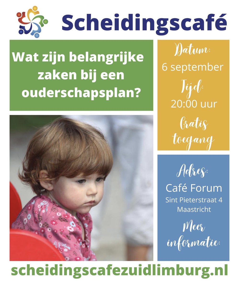 ScheidingscafZL's tweet photo. ❓Ben jij of ken jij iemand die met #scheiding te maken heeft (gehad) en interesse heeft in laagdrempelige bijeenkomsten met anderen over dit onderwerp? Ja? Dan ben je van harte welkom bij het Scheidingscafé op 6 september in #Maastricht. RT = top! #echtscheiding Gratis toegang. https://t.co/D0Eo1yjZh2