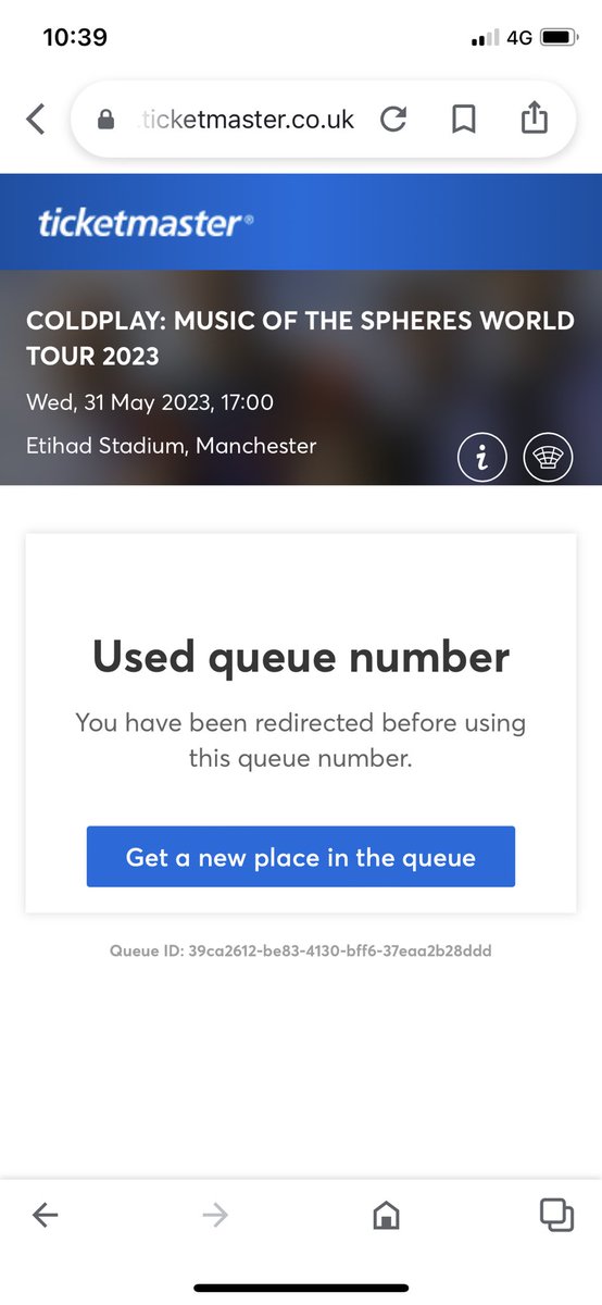 BHeneghan5's tweet photo. Queued for 38 minutes to get to “next in the queue” just to be told that the queue number has been used 🤯please explain how this is even a thing @Ticketmaster #joke #sortitout #ticketmaster #coldplay https://t.co/SPoiQhHxFq
