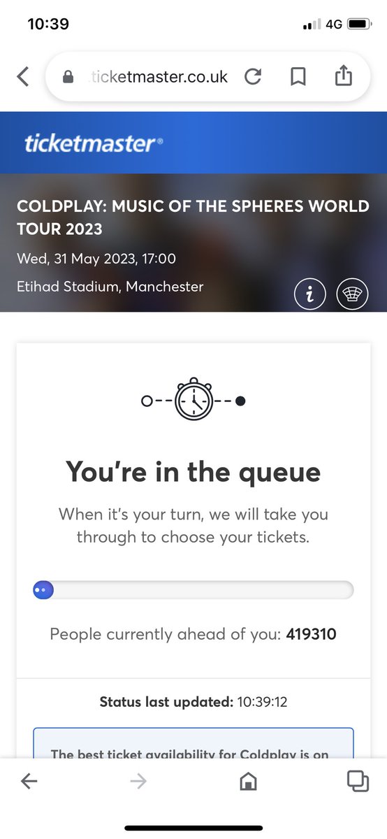 BHeneghan5's tweet photo. Queued for 38 minutes to get to “next in the queue” just to be told that the queue number has been used 🤯please explain how this is even a thing @Ticketmaster #joke #sortitout #ticketmaster #coldplay https://t.co/SPoiQhHxFq