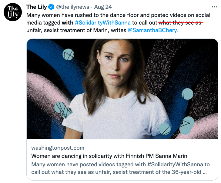 Notice how the patriarchal media tries to spin this around however they can? 

#SolidarityWithSanna is how you respond to the double standards of oppressive patriarchy trying to tell women what they can and can't do with their bodies, and when and where they can't dance ✊🏼💃🏽