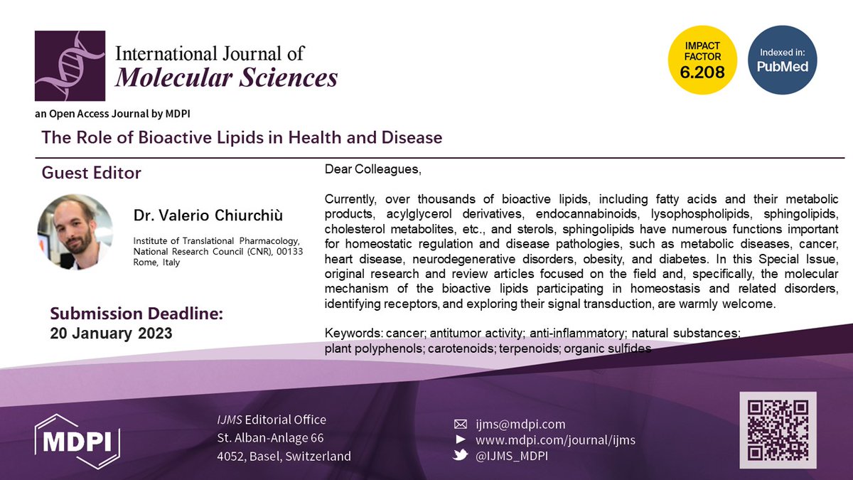 IJMS_MDPI's tweet photo. Dr. Valerio Chiurchiù is leading this Special Issue "The Role of #BioactiveLipids in #Health and #Disease" for us, check the website: https://t.co/5jc9kGpwLK and submit your publications!
#eicosanoids
#glycerophospholipids
#sphingolipids
#Biology
#lifesciences
@BiologyMdpi https://t.co/oDgIlPqErh