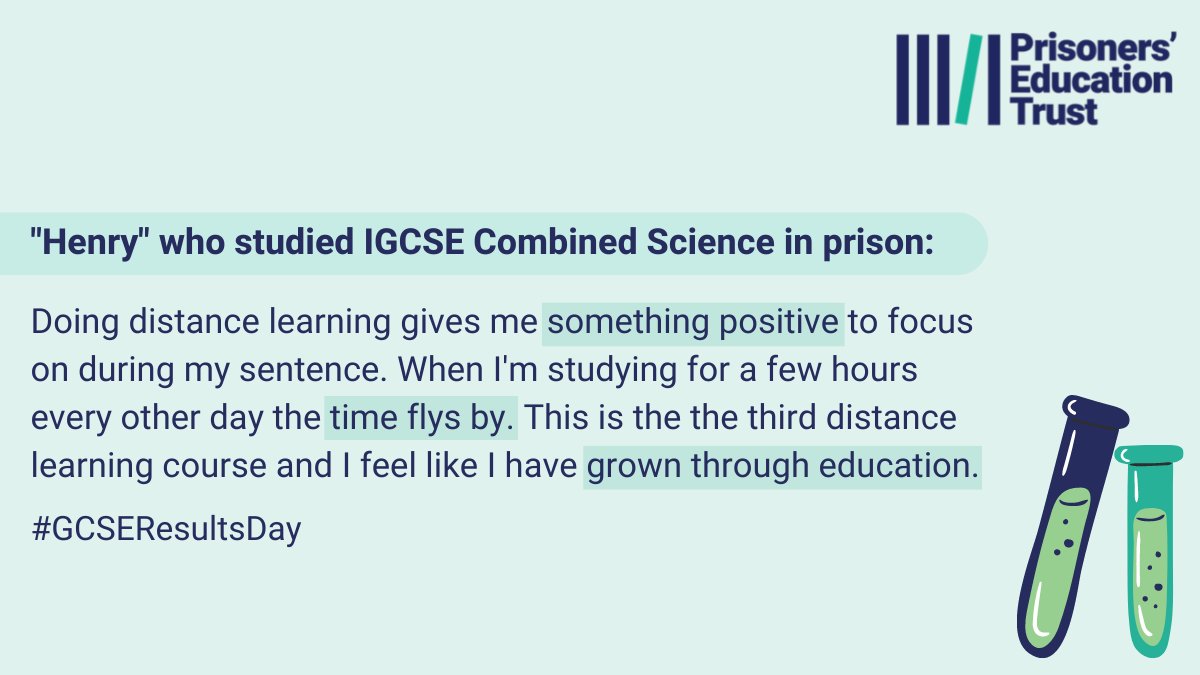 It's GCSE results day! Good luck to all our learners in prison receiving their results today!

Henry's third course in prison was an IGCSE in Combined Science and he says distance learning has given him something positive to focus on. 

#GCSEResultsDay