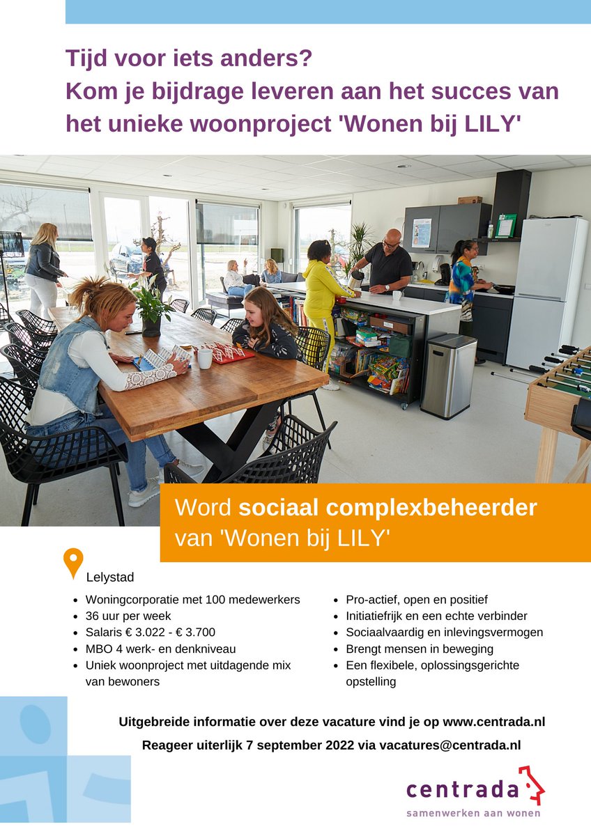 centradawonen's tweet photo. ** Vacature sociaal complexbeheerder #Lelystad **
Ben je pro-actief, open en positief? En ben je in je communicatie gericht op de verbinding? Wij zoeken een sociaal complexbeheerder voor het woonproject ‘Wonen bij LILY’. Interesse? Bekijk de #vacature op https://t.co/v5TipuBy5U https://t.co/615z3w9KcB