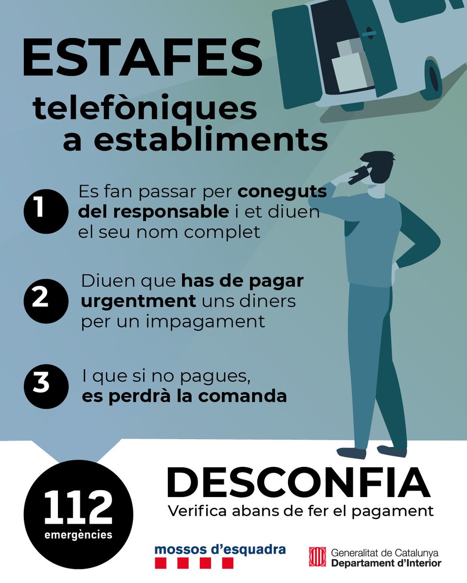 mossos's tweet photo. ⚠️ Vigila si et truquen perquè paguis una comanda impagada i et pressionen perquè ho facis urgentment. Podria ser l'estafa del fals proveïdor https://t.co/gjAVvM5w5G #StopEstafes https://t.co/s4koROISP8