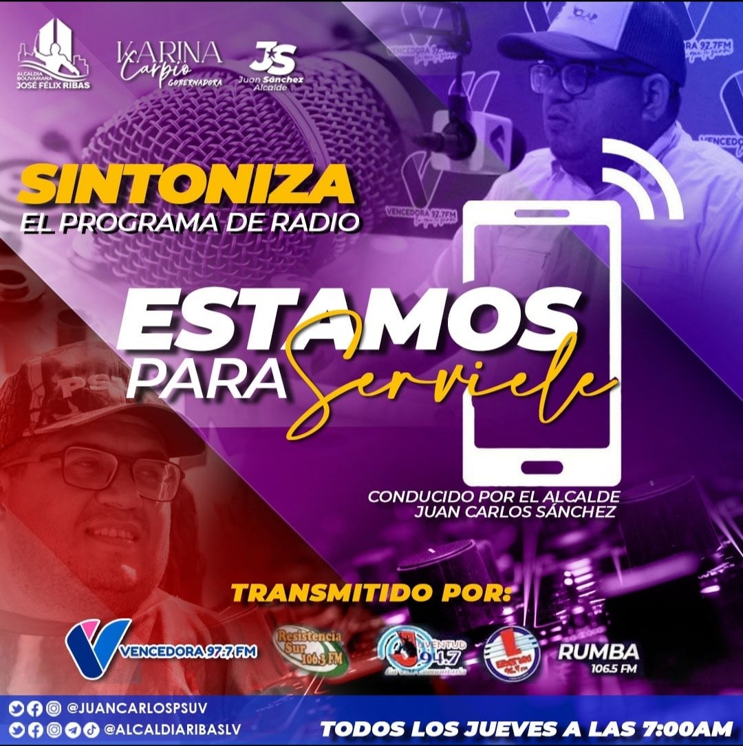 Hoy nos escuchamos y nos vemos por <a href="/Vencedora977/">Vencedora977fm</a>, en el programa de todos los Victorianos y Victorianas, Estamos para Servirle, también en vivo por Facebook live <a href="/AlcaldiaRibasLV/">Alcaldía del Municipio José Félix Ribas</a> 

<a href="/NicolasMaduro/">Nicolás Maduro</a> 
<a href="/Soykarinacarpio/">Karina Carpio</a> 
<a href="/GobiernoAragua_/">Gobierno Aragua</a>